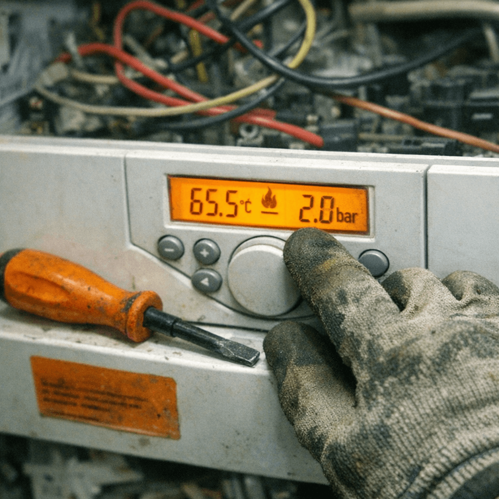 Techniker kontrolliert mit Messgerät die Parameter einer Heizungsregelung neben einem geöffneten Schaltschrank