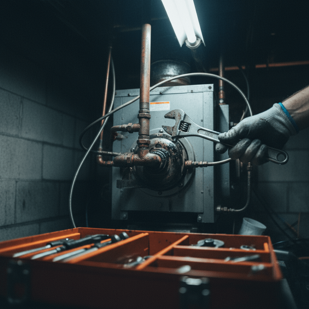 Installateur misst Abgaswerte an einem Gasgerät und notiert Ergebnisse auf einem Prüfprotokoll