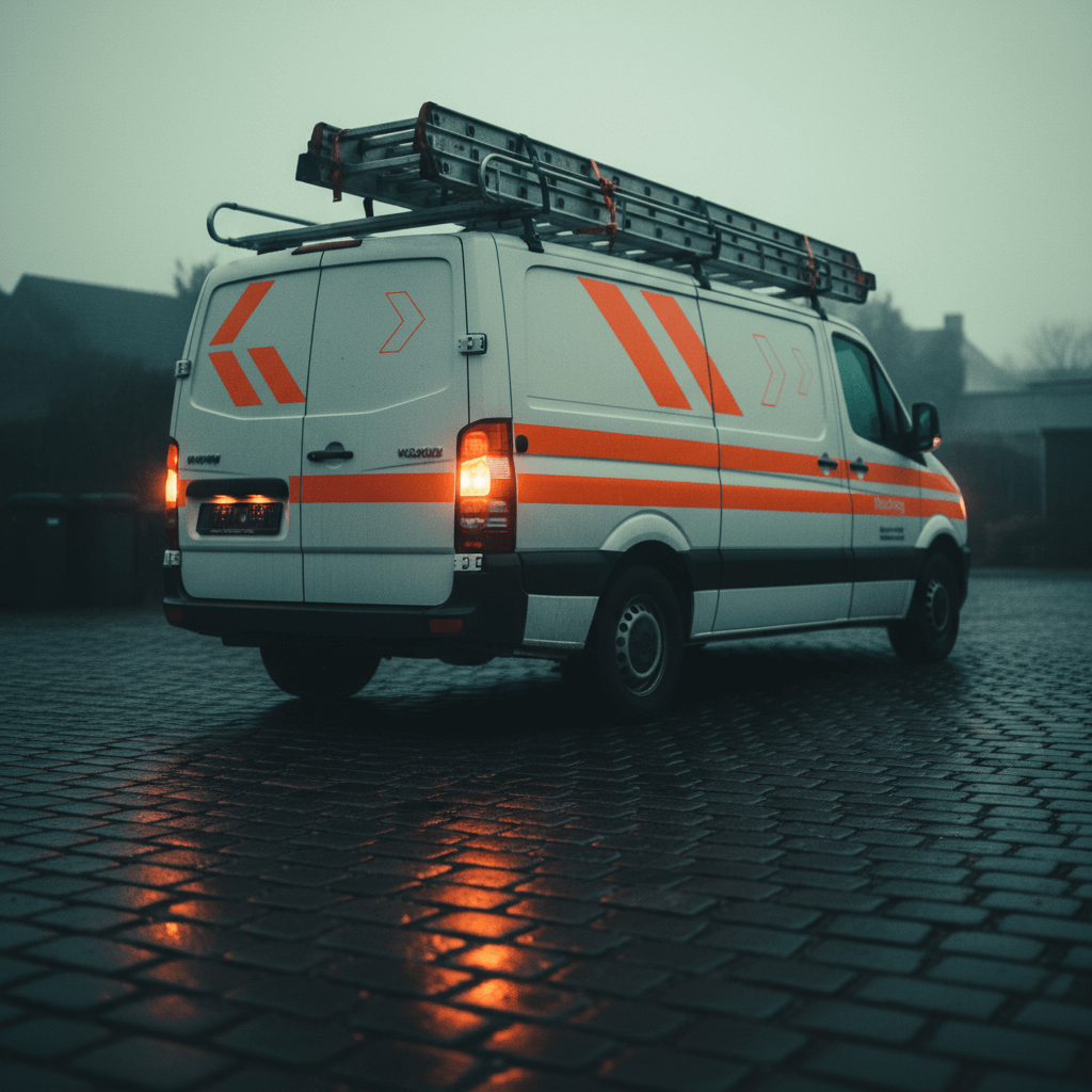 Monteur lädt Werkzeugkoffer in einen Servicewagen vor einem Mehrfamilienhaus in Köln bei winterlichem Wetter