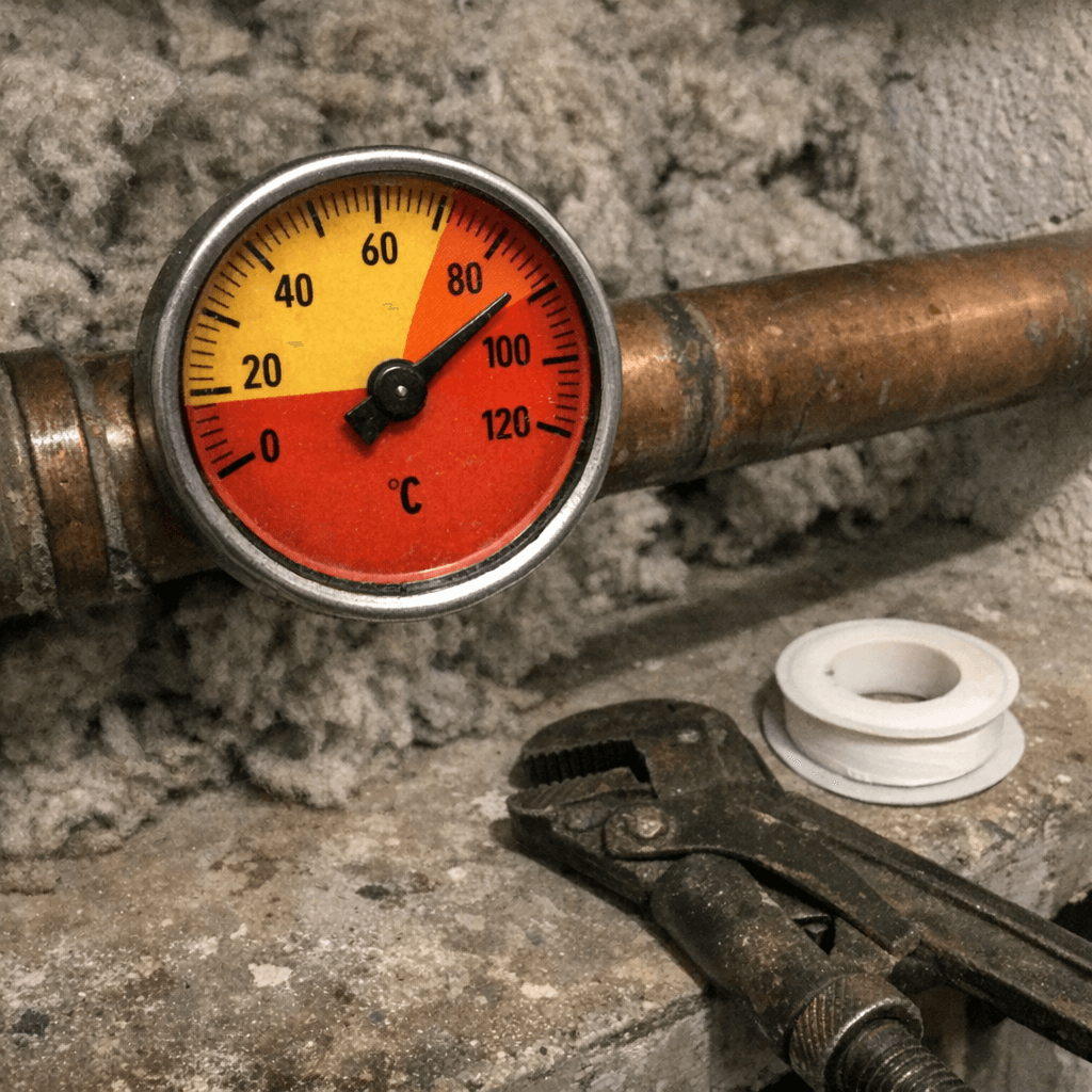 Werkzeug, Dichtmaterial und Manometer liegen neben einem Heizkessel im Keller eines Wohnhauses