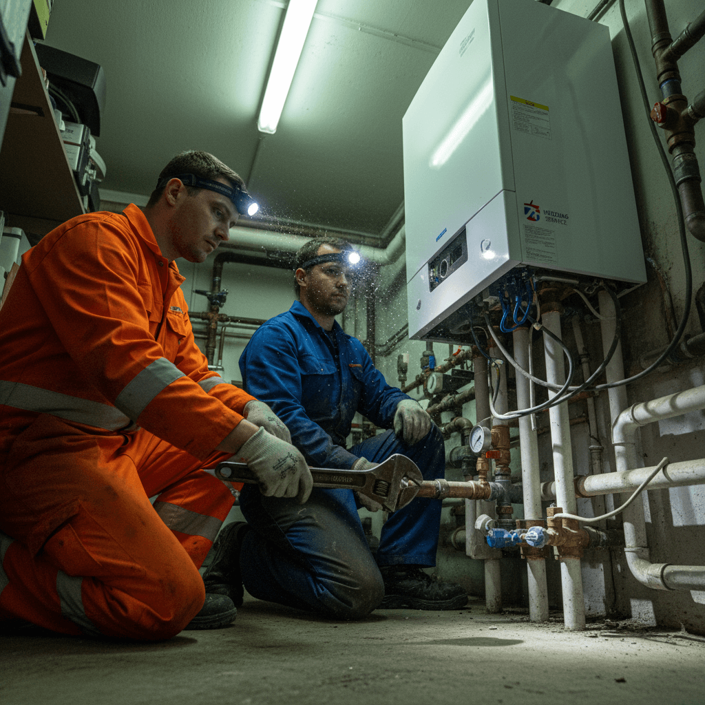 Zwei SHK-Fachkräfte kontrollieren Messwerte an einer geöffneten Therme in einem Hauswirtschaftsraum